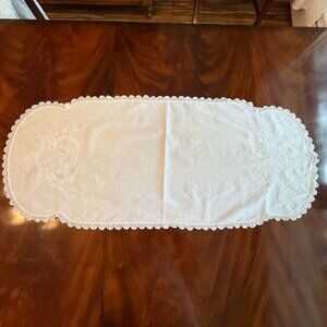 VintageTable Runner White Floral Embroidery Linen Whitework 41.5 x 17.75"